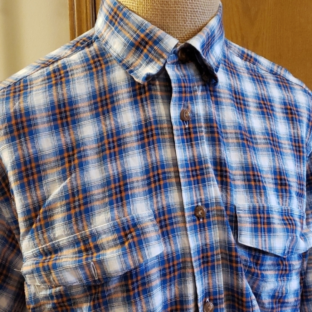 Orvis orange blue plaid long sleeve button down